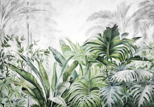 Zöld trópusi levelek - szürke leveles háttér poszter, fotótapéta Vlies (152,5 x 104 cm)