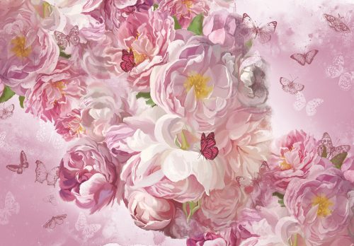 Rózsaszín virágok lepkékkel poszter, fotótapéta Vlies (254 x 184 cm)