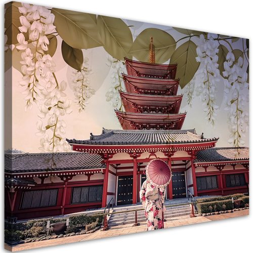 Vászonkép, Japán gésa és templom - 120x80 cm
