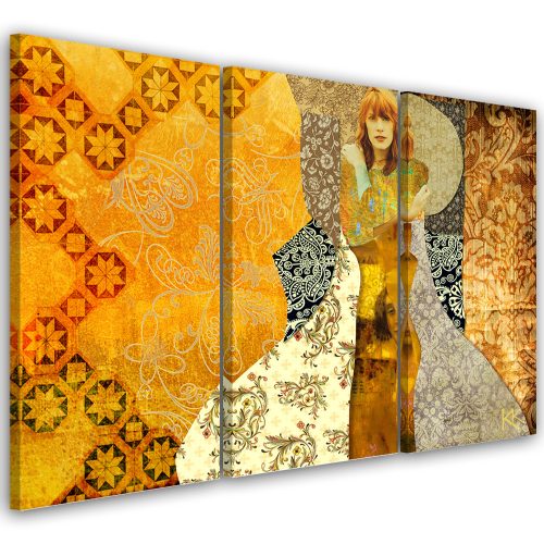 Canvas print 3 parts, Woman on decorative background - 90x60 cm