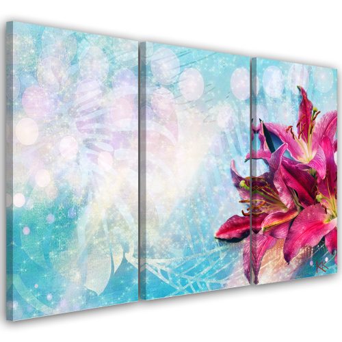 Canvas print 3 parts, Pink flowers on blue background - 90x60 cm