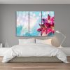 Canvas print 3 parts, Pink flowers on blue background - 120x80 cm