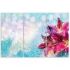 Canvas print 3 parts, Pink flowers on blue background - 60x40 cm