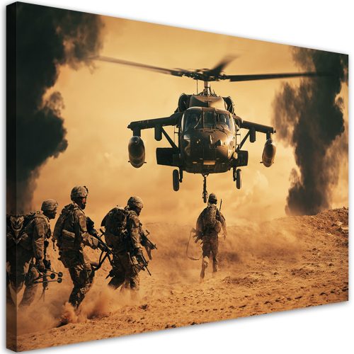 Canvas art print, Helicopter and soldiers on mission - 90x60 cm