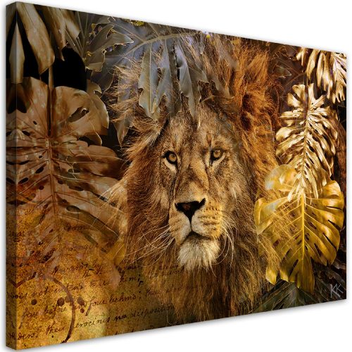 Vászonkép, Oroszlán és Monstera arany levelek - 90x60 cm