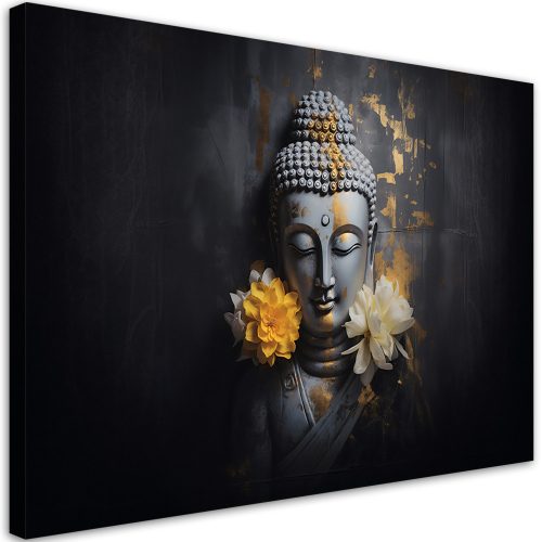 Vászonkép, Szürke Buddha és virágok - 120x80 cm
