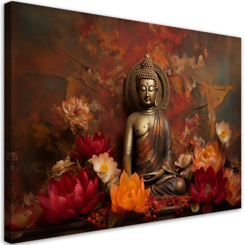 Canvas art print, Meditating Buddha and colourful flowers - 100x70 cm