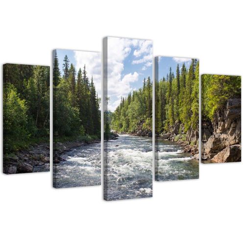 Canvas print 5 parts, River in a forest - 100x70 cm