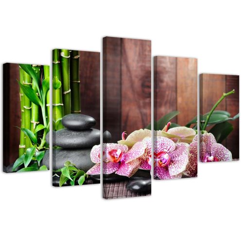 Vászonkép 5 rész, Zen kompozíció orchideával és bambusszal - 200x100 cm