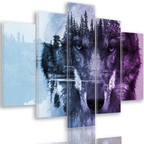 Canvas print 5 parts, Wolf in a forest - violet - 200x100 cm