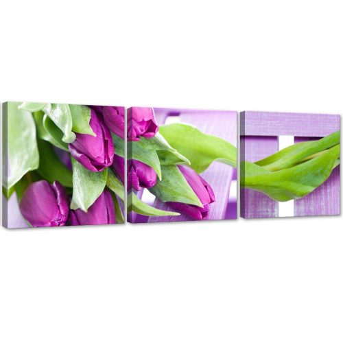 Set of three pictures canvas print, Purple tulips in a bouquet - 150x50 cm