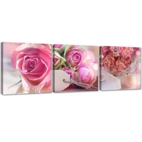 Három képből álló vászonkép készlet, 3 rózsaszín rózsa - 90x30 cm