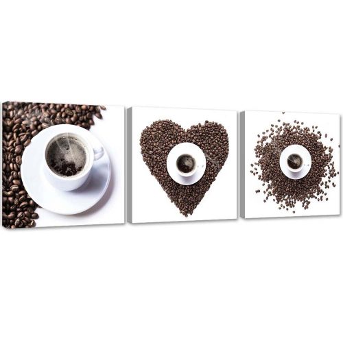 Három képből álló vászonkép készlet, Kávés szív - 90x30 cm
