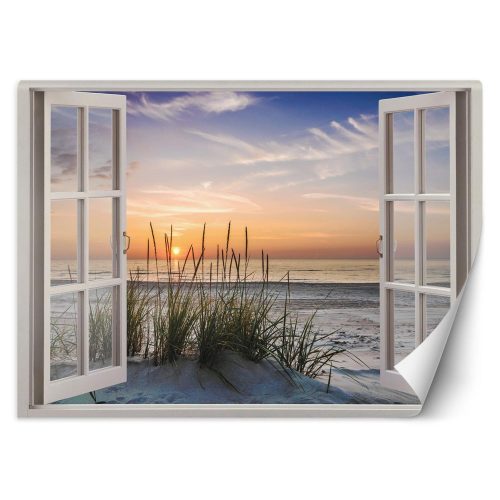 Wall mural, Window view sunset on the beach - 140x100 cm