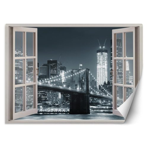 Fotótapéta, Ablak nézet New York City Brooklyn híd fekete fehér - 140x100 cm