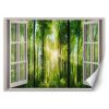 Wall mural, Window view sun rays in the forest - 140x100 cm