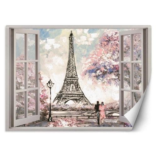 Wall mural, Window View Eiffel Tower Paris France - 140x100 cm