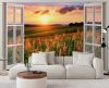 Wall mural, Window view sunset over meadow - 140x100 cm