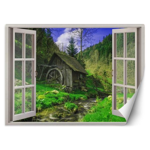 Wall mural, Window - view of a hut in the forest - 140x100 cm