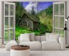 Wall mural, Window - view of a hut in the forest - 140x100 cm