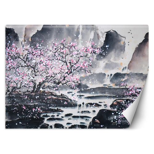 Fotótapéta, Cseresznyevirág hegyi háttéren - 200x140 cm