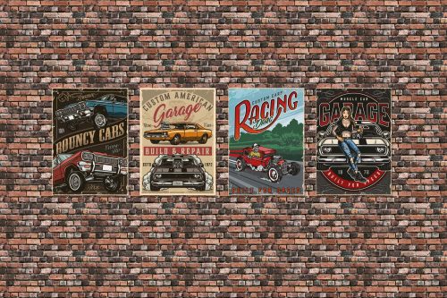 Vlies Fotótapéta - Cars vintage posters - 375x250 cm