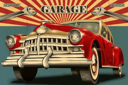 Vlies Fotótapéta - Vintage Garage Retro Poster - 375x250 cm