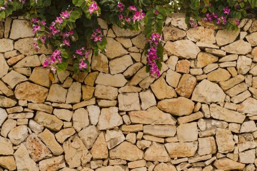 Vlies Fotótapéta - Stone wall with blooms - 375x250 cm